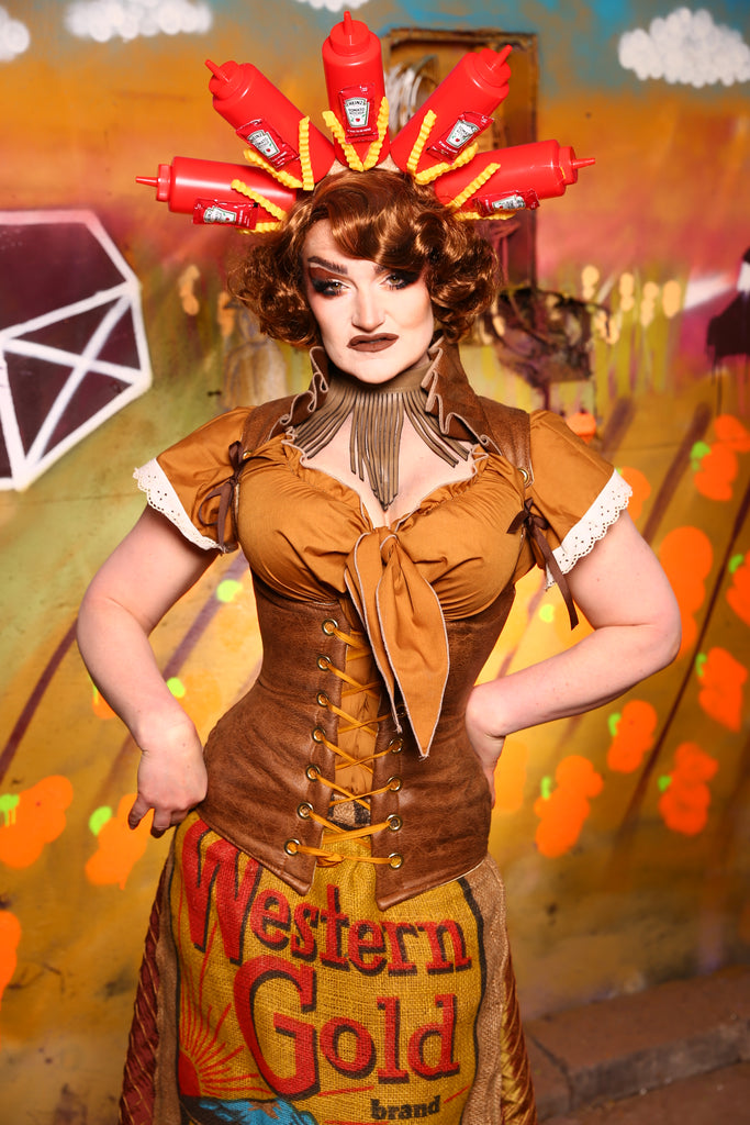 Vixen Corset with Ruffle Collar in Sweet Potato Leather - 