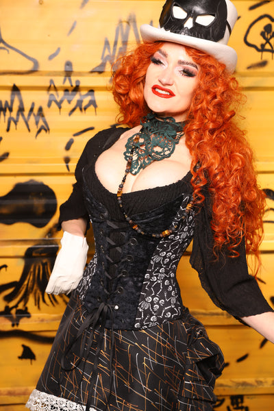 Petite Crossfire Corset in Black Brush Strokes w/ Front Panels in Skeletons - The Parlay and Promenade Collection