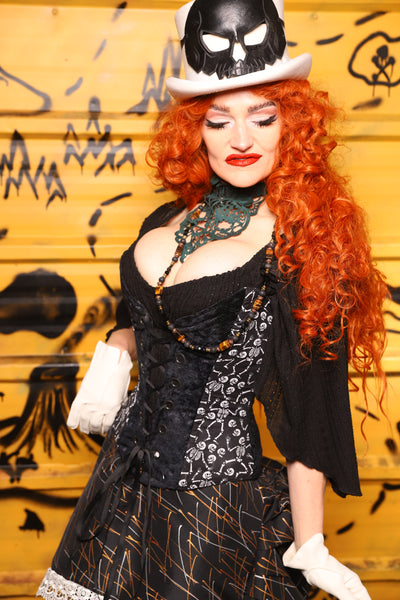 Petite Crossfire Corset in Black Brush Strokes w/ Front Panels in Skeletons - The Parlay and Promenade Collection