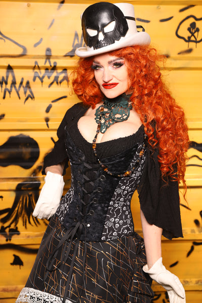 Petite Crossfire Corset in Black Brush Strokes w/ Front Panels in Skeletons - The Parlay and Promenade Collection