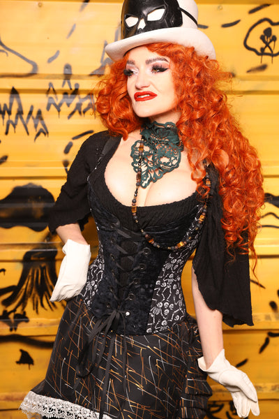 Petite Crossfire Corset in Black Brush Strokes w/ Front Panels in Skeletons - The Parlay and Promenade Collection