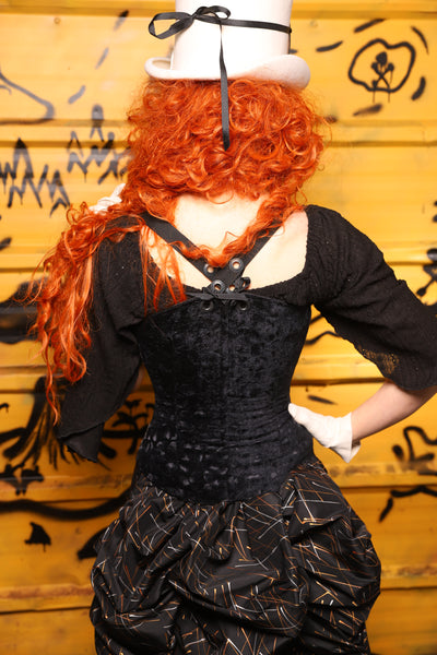 Petite Crossfire Corset in Black Brush Strokes w/ Front Panels in Skeletons - The Parlay and Promenade Collection