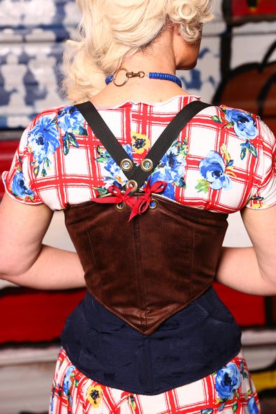 Cropped Fae Corset w/ Crossfire Straps in Log Cabin Leather #3 - The Patriot Picnic Collection