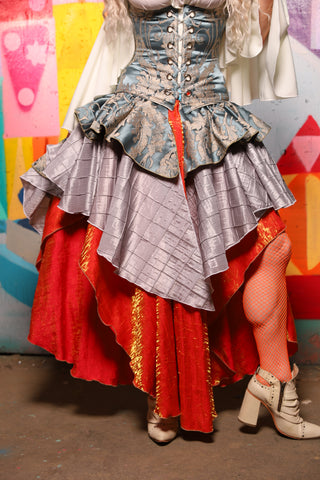 09. Deluxe 2-Tier Peplum Ruffle in Powder Blue Damask w/White Silver Pintuck Base Ruffle- The World of Laughter and Hopes Collection