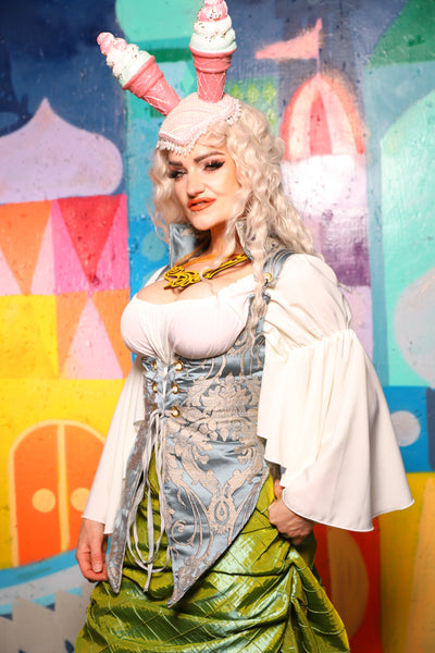 01. Artemis Underbust Corset in Powder Blue Damask - The World of Laughter and Hopes Collection