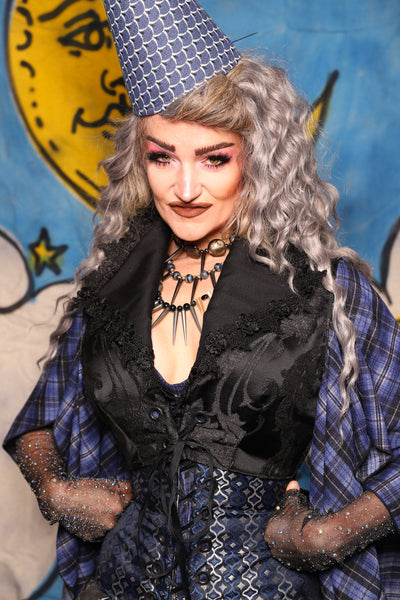 48. Wren Overbust in Black Damask Jacquard - The Sapphire Séance Collection