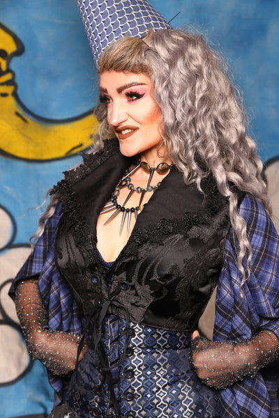 48. Wren Overbust in Black Damask Jacquard - The Sapphire Séance Collection