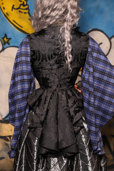 48. Wren Overbust in Black Damask Jacquard - The Sapphire Séance Collection