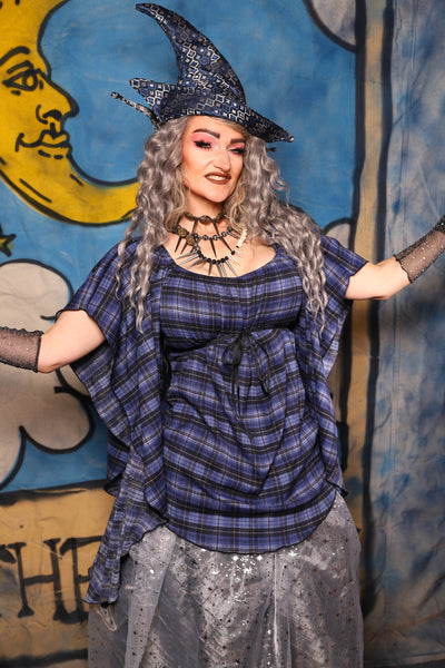 06. Classic Blouse w/waterfall sleeves in Spell-light Plaid - The Sapphire Séance Collection