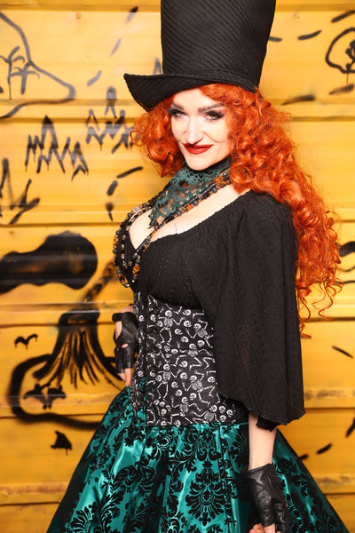 32. Petite Wench in Black Tendrils w/Front Panels in Dancing Skeleton - The Parlay and Promenade Collection