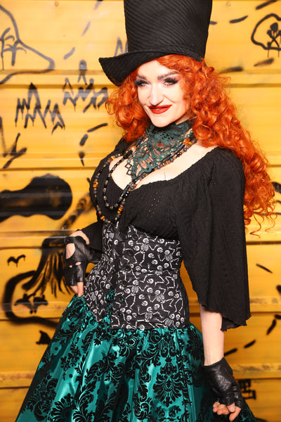 32. Petite Wench in Black Tendrils w/Front Panels in Dancing Skeleton - The Parlay and Promenade Collection