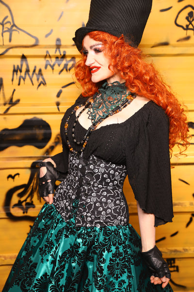 32. Petite Wench in Black Tendrils w/Front Panels in Dancing Skeleton - The Parlay and Promenade Collection