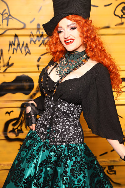 32. Petite Wench in Black Tendrils w/Front Panels in Dancing Skeleton - The Parlay and Promenade Collection