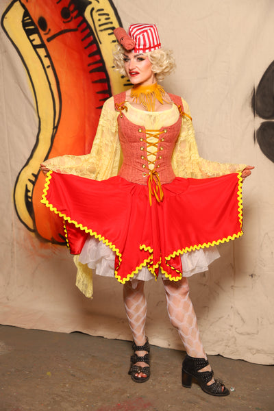 Mini Fairy Skirt in Red Satin w/Mustard Ric Rac Trim -Damsel BBQ