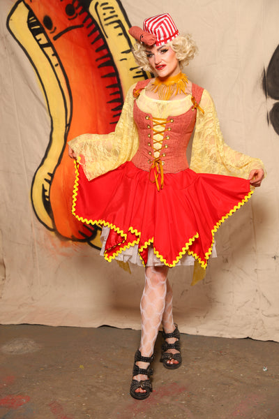 Mini Fairy Skirt in Red Satin w/Mustard Ric Rac Trim -Damsel BBQ