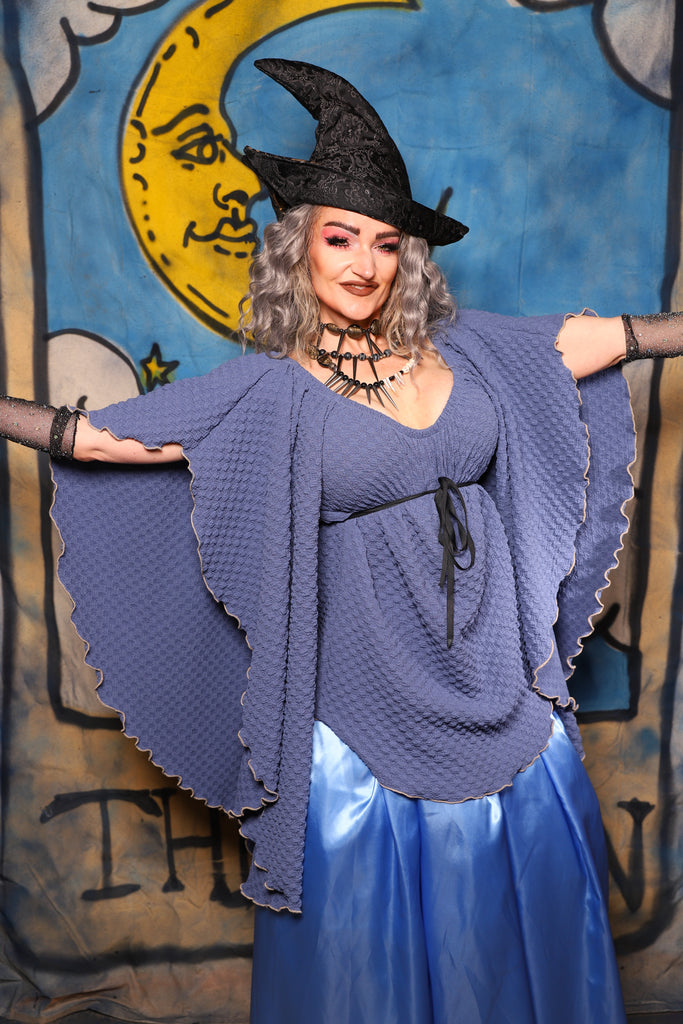 07. Classic Blouse w/waterfall sleeves in Soft Blue Texture - The Sapphire Séance Collection