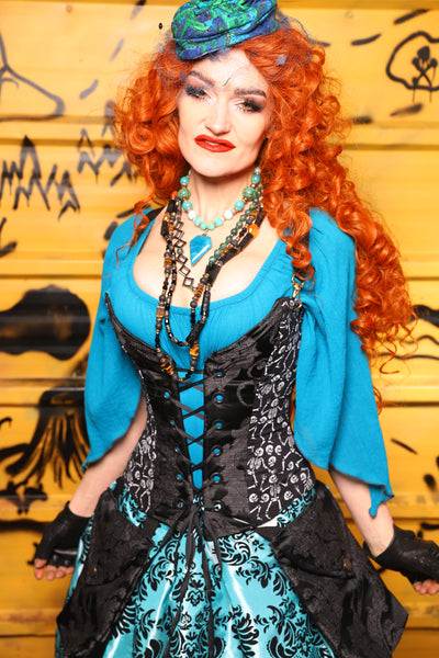 26. Petite Crossfire Corset in Black Damask w/Panels in Dancing Skeleton AND Petite Crossfire Corset in Charcoal Velvet w/Panels in Dancing Skeleton*includes crossfire straps* - The Parlay and Promenade Collection