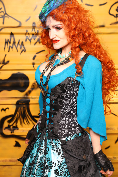 26. Petite Crossfire Corset in Black Damask w/Panels in Dancing Skeleton AND Petite Crossfire Corset in Charcoal Velvet w/Panels in Dancing Skeleton*includes crossfire straps* - The Parlay and Promenade Collection