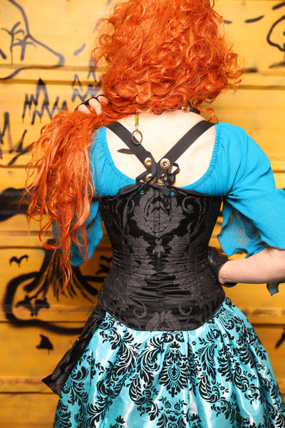 26. Petite Crossfire Corset in Black Damask w/Panels in Dancing Skeleton AND Petite Crossfire Corset in Charcoal Velvet w/Panels in Dancing Skeleton*includes crossfire straps* - The Parlay and Promenade Collection