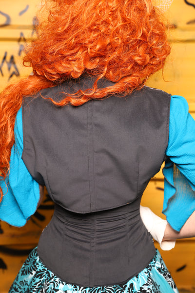 22. Lace Up Vest in Charcoal Velvet w/Front Panels in Dancing Skeleton - The Parlay and Promenade Collection