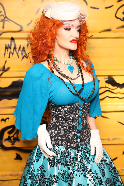 33. Petite Wench in Charcoal Velvet w/Front Panels in Dancing Skeleton - The Parlay and Promenade Collection