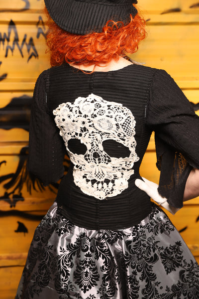 29. Petite Vixen Corset in Corded Black w/Lace Skull Applique - The Parlay and Promenade Collection