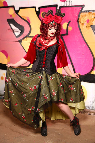 2 Layer Crescent Skirt in New Leaf Rose Garden Overlay  -"The Raven & Ruby Collection" - #1