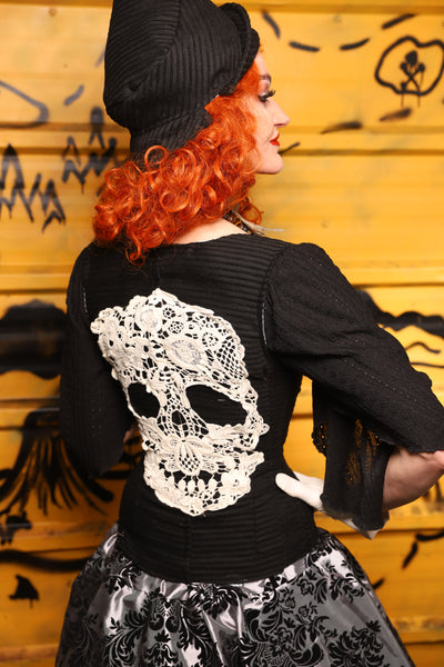29. Petite Vixen Corset in Corded Black w/Lace Skull Applique - The Parlay and Promenade Collection