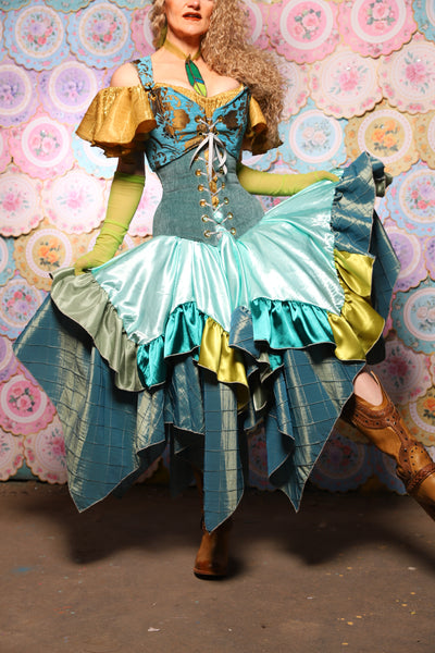 23. Mini Fairy Skirt w/Patchwork ruffle in Tideglass Mint Shiny Satin - The Minerally Mine Collection