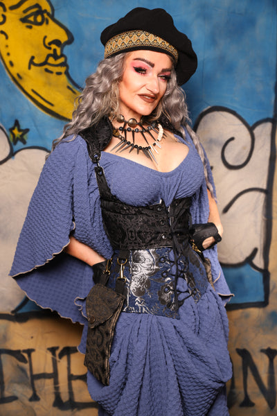 17. Cropped Vixen Underbust w/Hardware in Black Damask Jacquard w/Smoke & Brass Pockets - The Sapphire Séance Collection