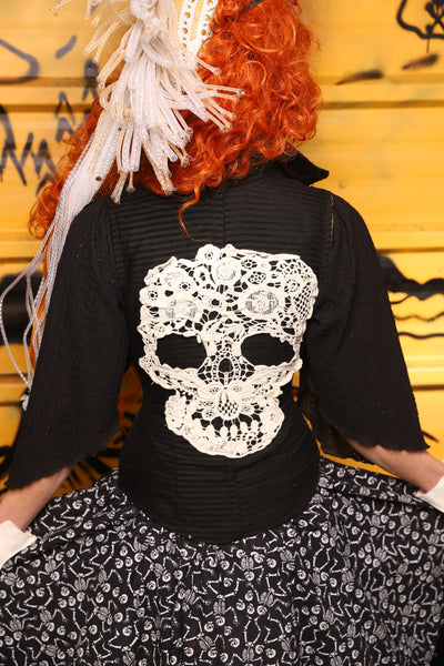 Petite Courtier in Black Corded Upholstery w/Lace Skull Applique - The Parlay and Promenade Collection