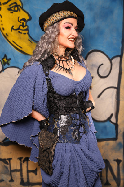 17. Cropped Vixen Underbust w/Hardware in Black Damask Jacquard w/Smoke & Brass Pockets - The Sapphire Séance Collection