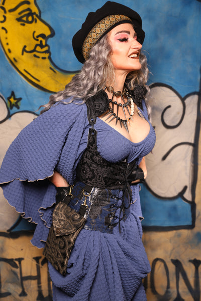 17. Cropped Vixen Underbust w/Hardware in Black Damask Jacquard w/Smoke & Brass Pockets - The Sapphire Séance Collection