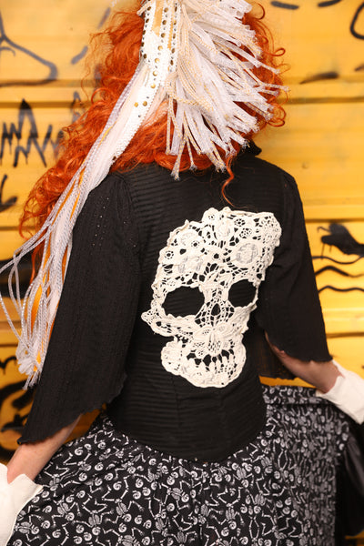 Petite Courtier in Black Corded Upholstery w/Lace Skull Applique - The Parlay and Promenade Collection