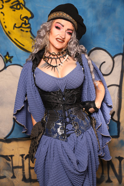 17. Cropped Vixen Underbust w/Hardware in Black Damask Jacquard w/Smoke & Brass Pockets - The Sapphire Séance Collection