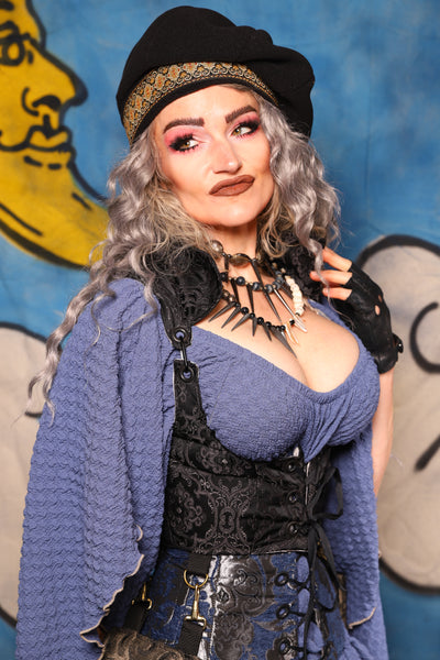 17. Cropped Vixen Underbust w/Hardware in Black Damask Jacquard w/Smoke & Brass Pockets - The Sapphire Séance Collection