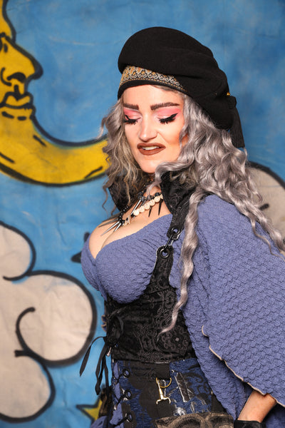 17. Cropped Vixen Underbust w/Hardware in Black Damask Jacquard w/Smoke & Brass Pockets - The Sapphire Séance Collection