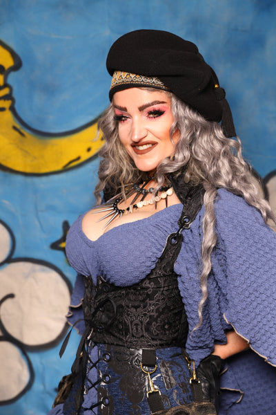 17. Cropped Vixen Underbust w/Hardware in Black Damask Jacquard w/Smoke & Brass Pockets - The Sapphire Séance Collection