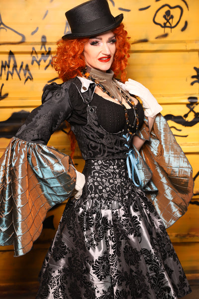 Detachable Flounce Sleeves in Black Damask w/Moonbeam Pintuck - The Parlay and Promenade Collection