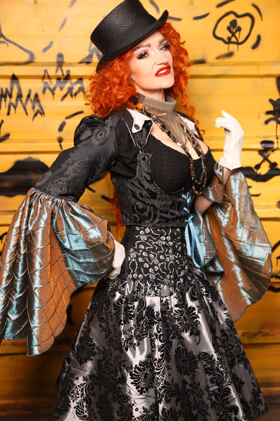 Detachable Flounce Sleeves in Black Damask w/Moonbeam Pintuck - The Parlay and Promenade Collection