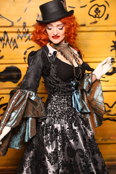 Detachable Flounce Sleeves in Black Damask w/Moonbeam Pintuck - The Parlay and Promenade Collection