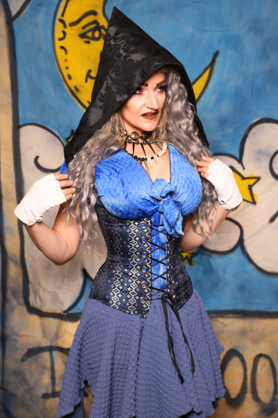 23. Hooded Petite Vixen in Blue Troubadour w/Pitch Black Damask Hood - The Sapphire Séance Collection