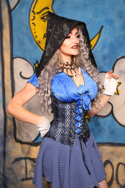 23. Hooded Petite Vixen in Blue Troubadour w/Pitch Black Damask Hood - The Sapphire Séance Collection