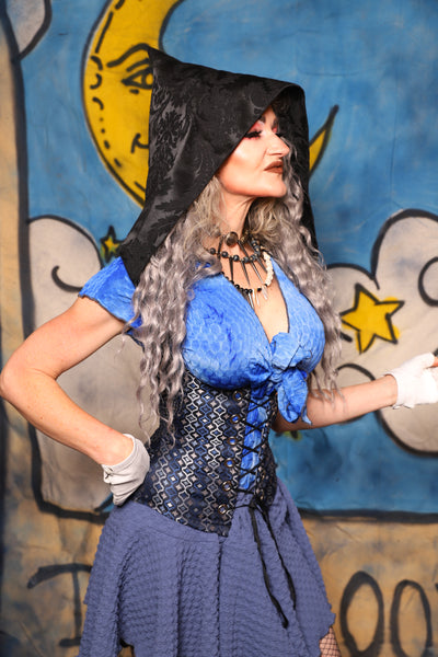 23. Hooded Petite Vixen in Blue Troubadour w/Pitch Black Damask Hood - The Sapphire Séance Collection
