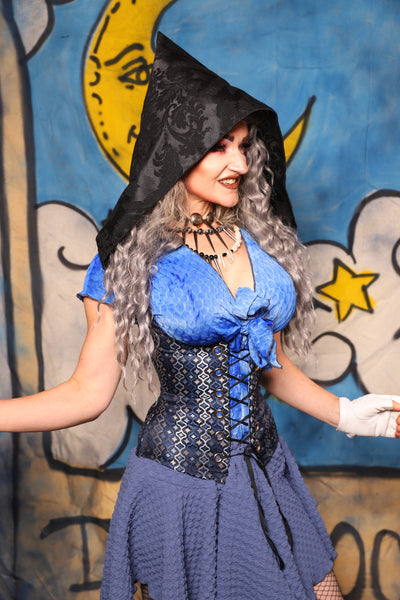 23. Hooded Petite Vixen in Blue Troubadour w/Pitch Black Damask Hood - The Sapphire Séance Collection