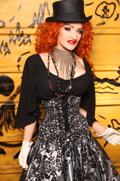 43. Wench in Black Damask w/Front Panels in Dancing Skeleton - The Parlay and Promenade Collection