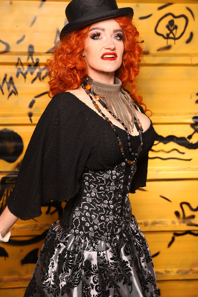 43. Wench in Black Damask w/Front Panels in Dancing Skeleton - The Parlay and Promenade Collection