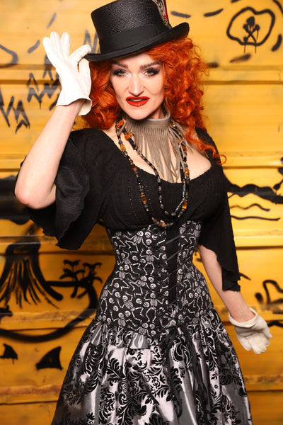43. Wench in Black Damask w/Front Panels in Dancing Skeleton - The Parlay and Promenade Collection