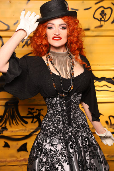 43. Wench in Black Damask w/Front Panels in Dancing Skeleton - The Parlay and Promenade Collection