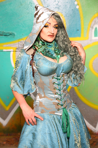 Hooded Vixen Corset In Sky Blue Leaf #15 - "Neptune's Gemstones” Collection